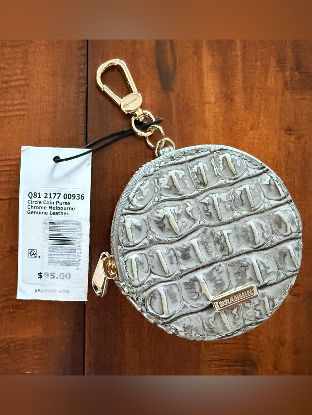 Brahmin Silver Croc-Embossed Round Coin Pouch with Gold Hardware